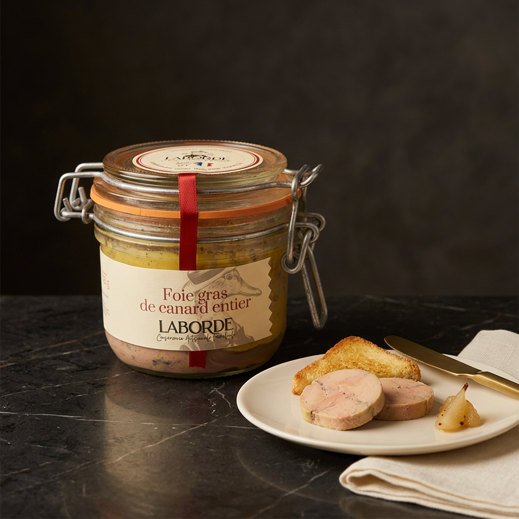 Edles Produktmotiv der Laborde Foie gras entier 180 g mit dem Originalglas