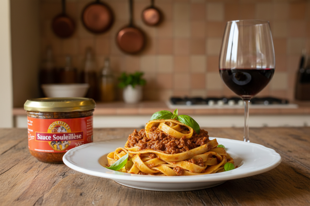 Enten Bolognaise mit Glas und Rotwein
