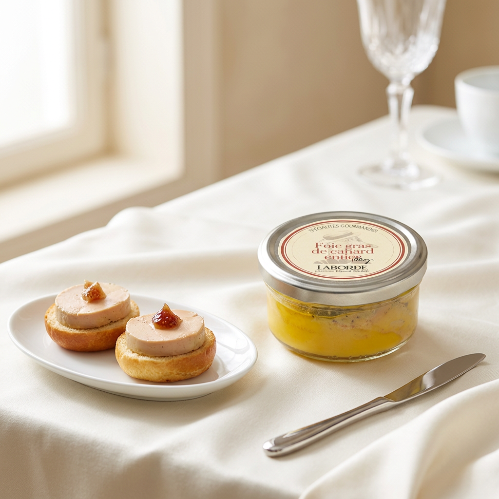 Helle, elegante Inszenierung mit dem Originalglas der Laborde Foie gras