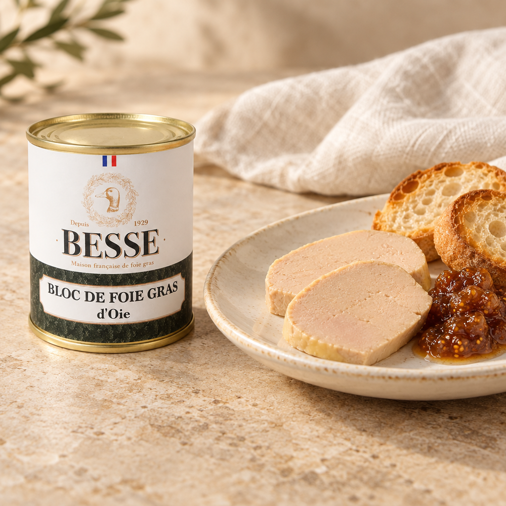 Besse Gänseleber-Bloc mit Originaldose und angerichteten Scheiben