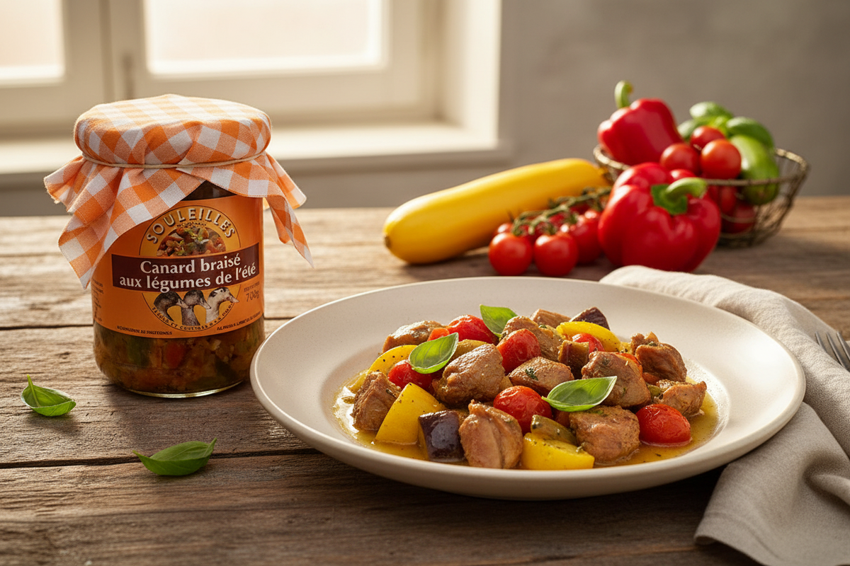 Canard braisé aux légumes de l'été – Glas mit Teller