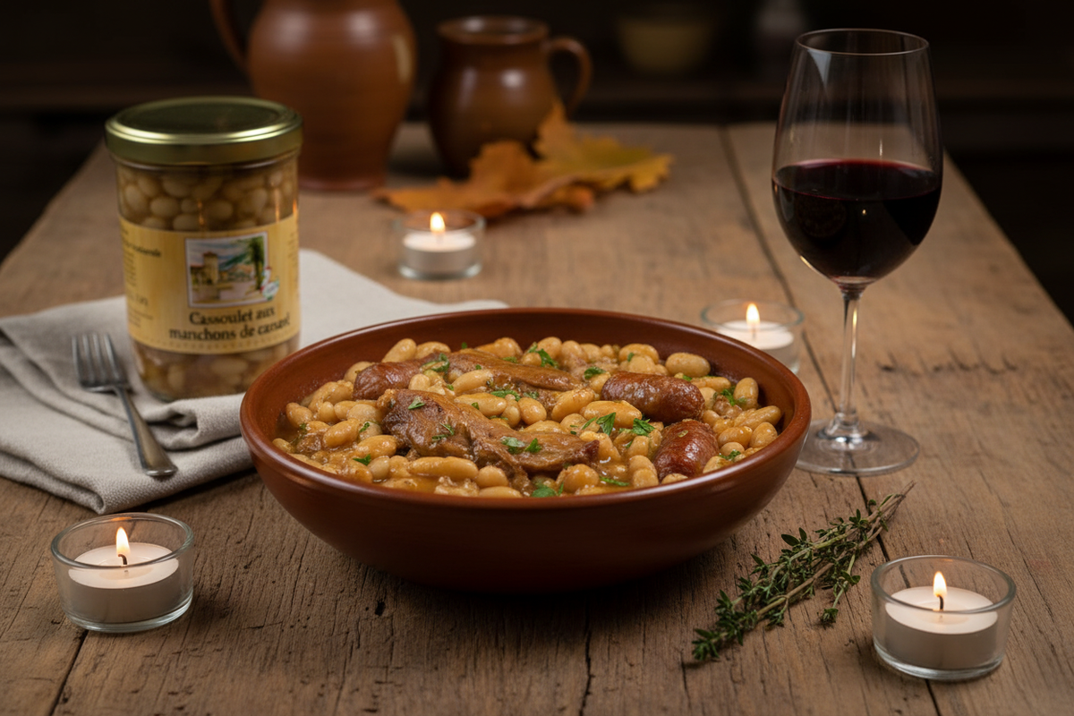 Cassoulet aux manchons de canard – angerichtet mit Originalglas und Rotwein