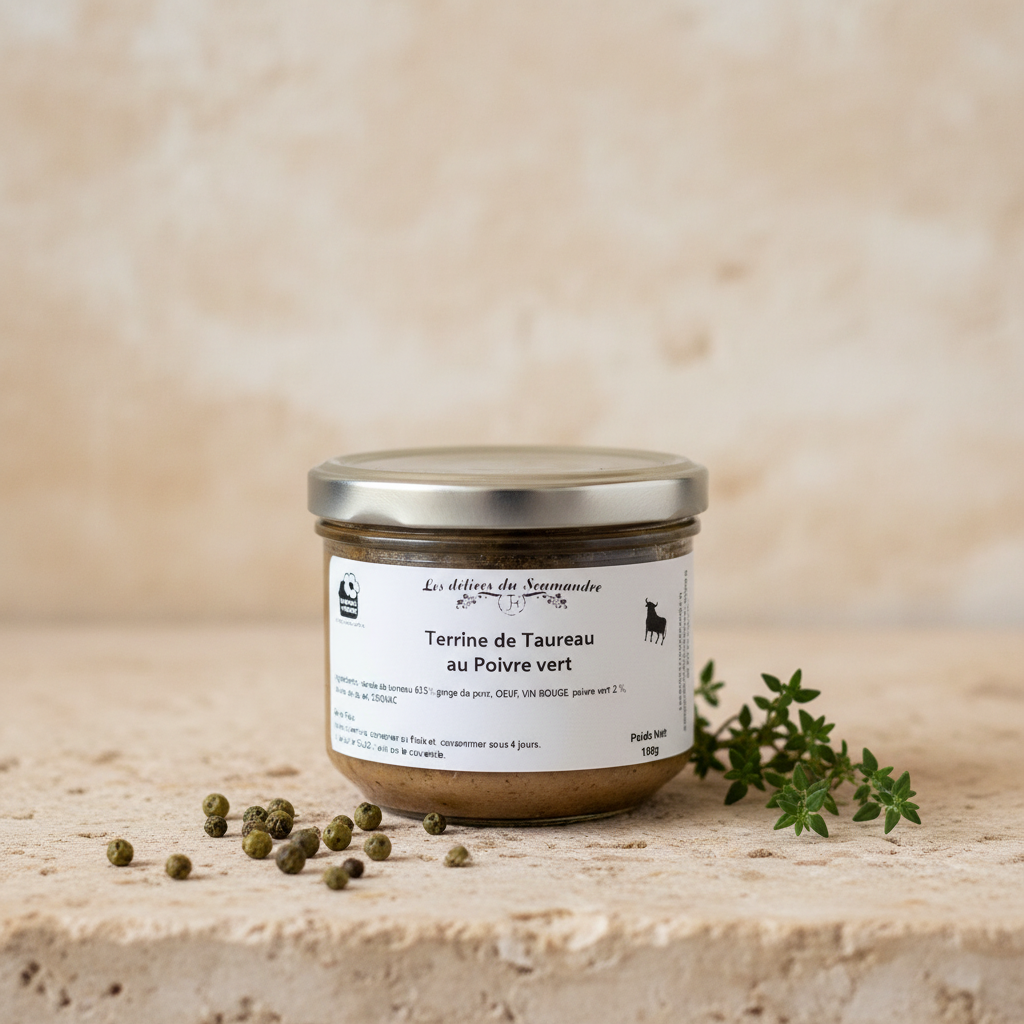 Terrine de Taureau au Poivre vert, 180 g Glas, Les Délices du Scamandre