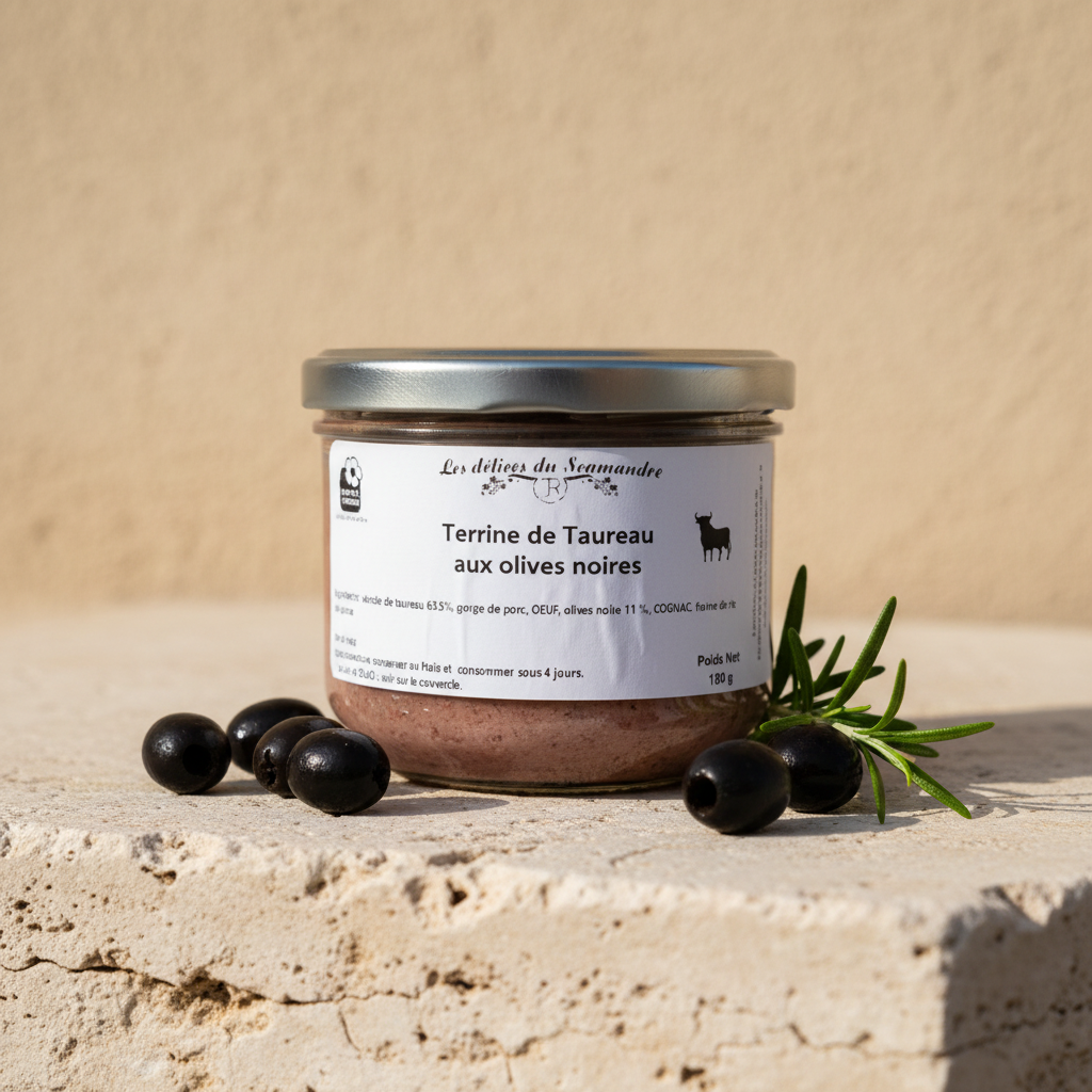 Terrine de Taureau aux olives noires, 180 g Glas, Les Délices du Scamandre