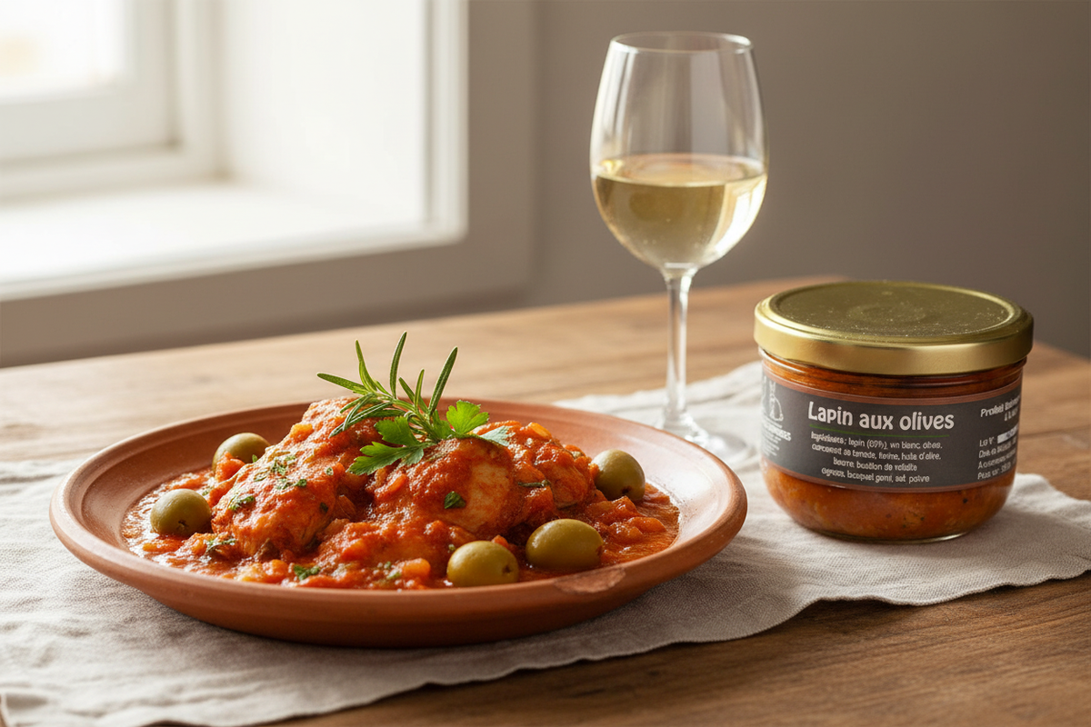 Lapin aux Olives – Gericht, Glas & Weißwein