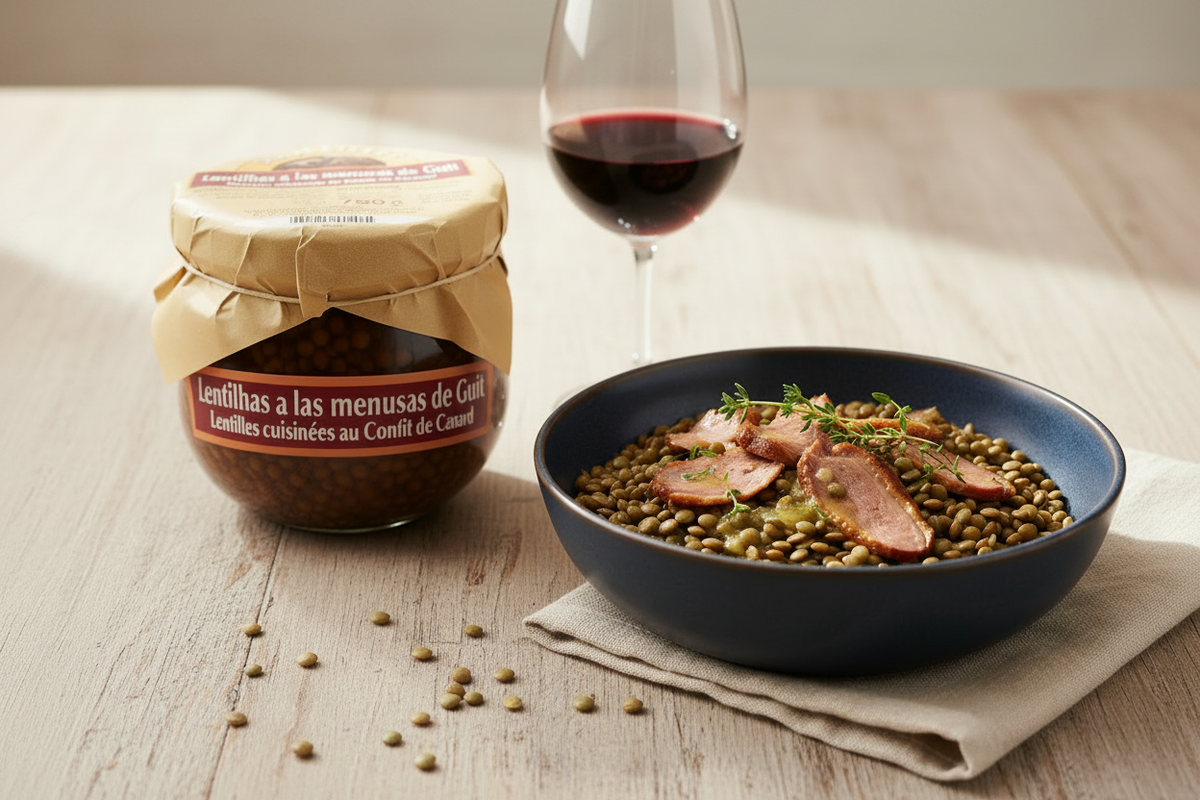 Lentilles au Confit de Canard – größere Fleischstücke, Rotwein