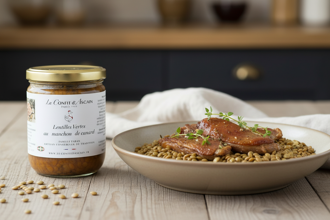 Lentilles Vertes au Manchon de Canard – Glas mit Teller